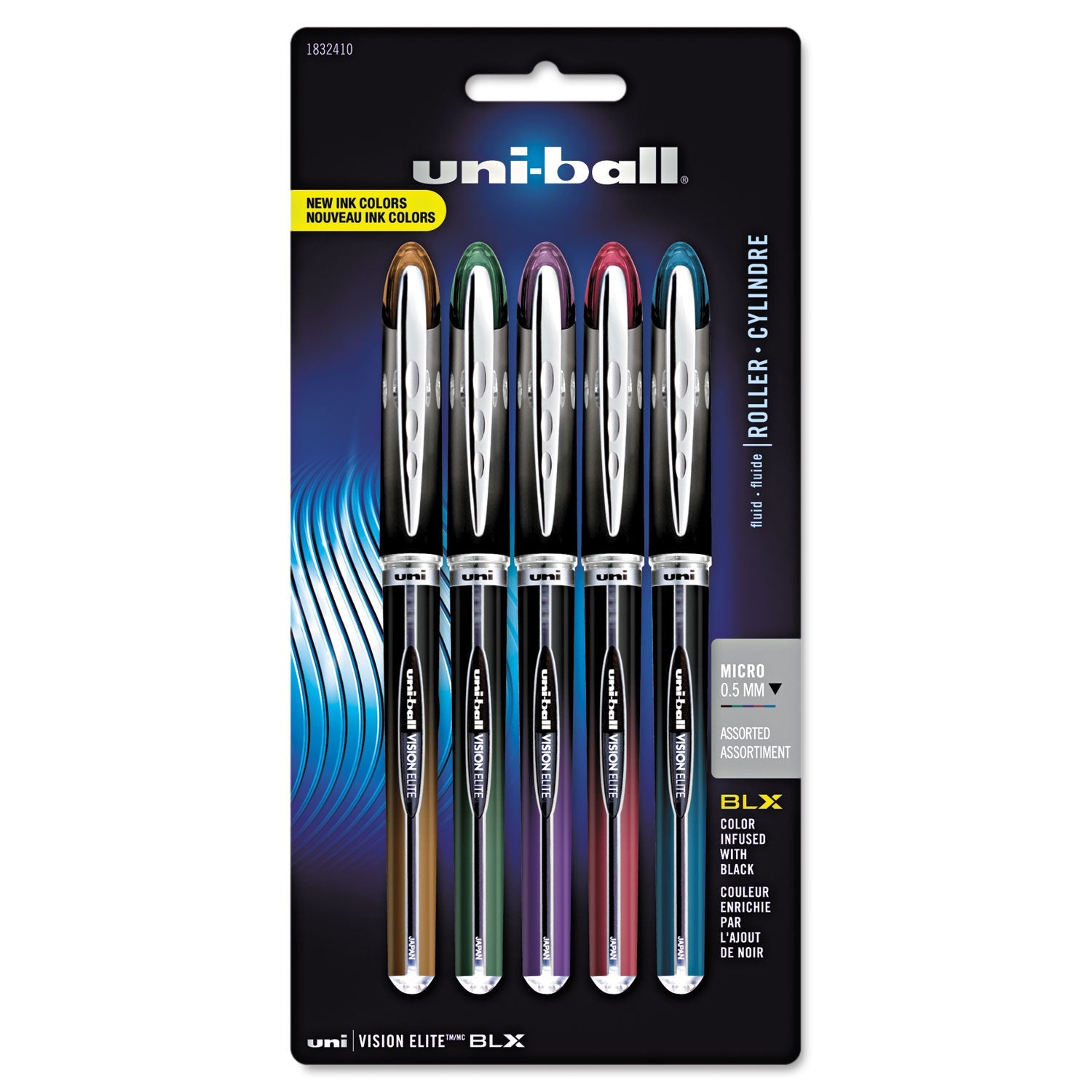 VISION ELITE BLX STICK ROLLER BALL PEN, MICRO 0.5MM, ASSORTED INK/BARREL, 5/PACK