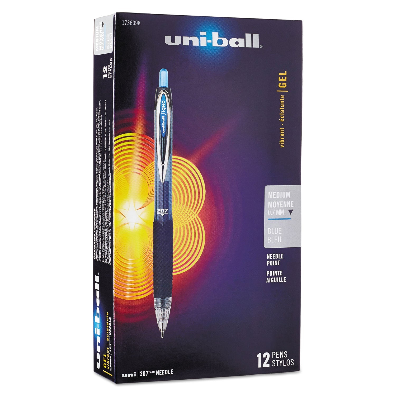 SIGNO 207 NEEDLE POINT RETRACTABLE GEL PEN, 0.7MM, BLUE INK, BLACK BARREL, DOZEN