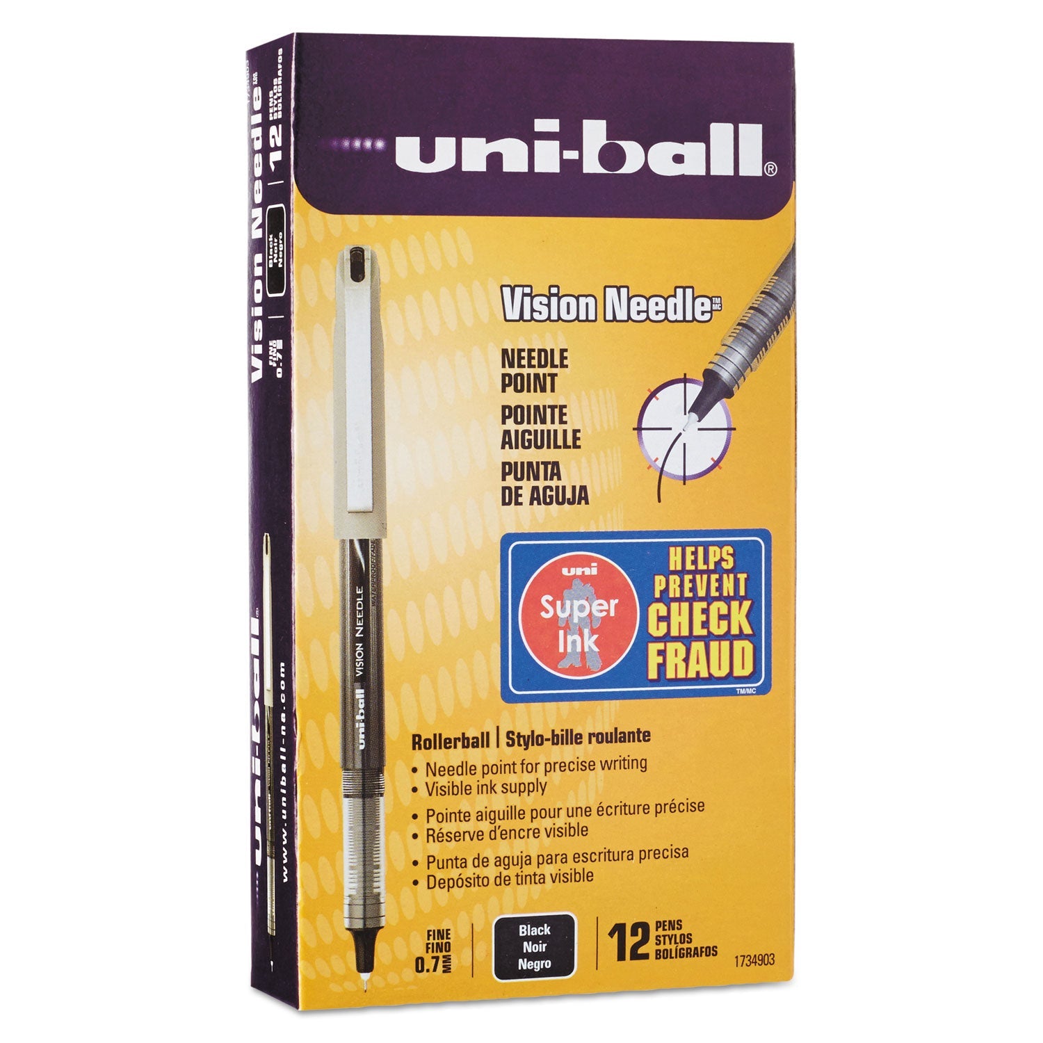 VISION NEEDLE STICK ROLLER BALL PEN, FINE 0.7MM, BLACK INK, SILVER BARREL, DOZEN
