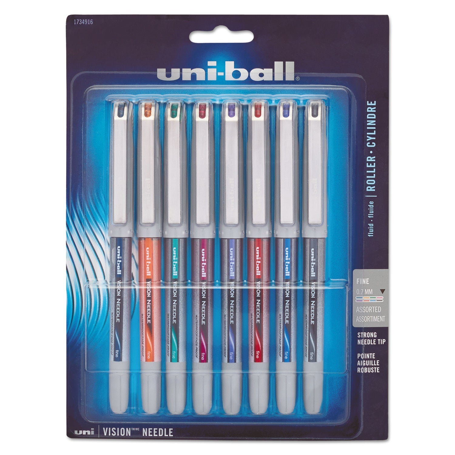 VISION NEEDLE STICK ROLLER BALL PEN, FINE 0.7MM, ASSORTED INK, SILVER BARREL, 8/SET