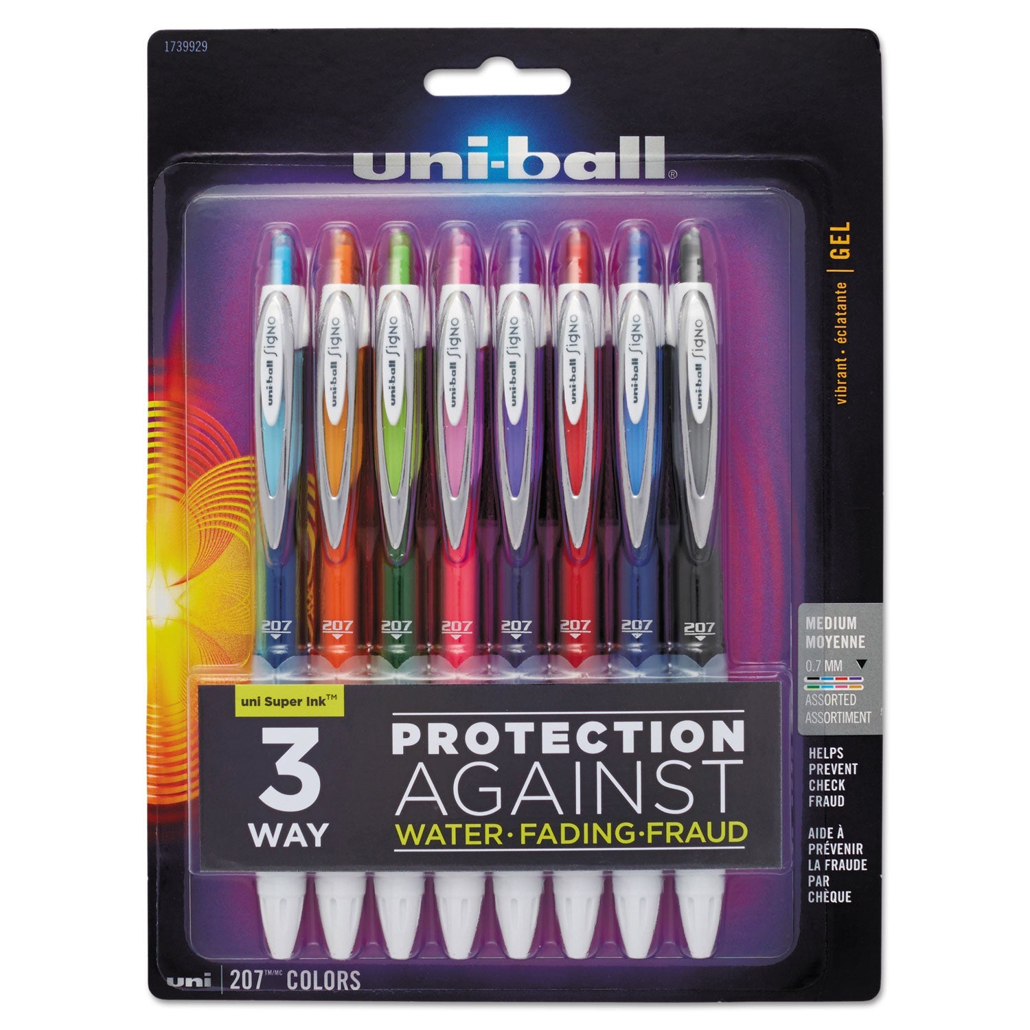 SIGNO 207 RETRACTABLE GEL PEN, MEDIUM 0.7MM, ASSORTED INK/BARREL, 8/SET